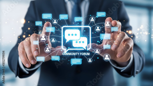 Businessman interacting with virtual community forum interface