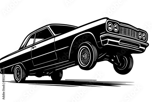 Retro lowrider with radical hydraulic setup, long hood and tail, lifted front wheels
