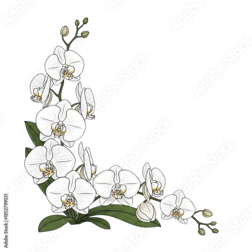 Elegant White Orchid Cascade Corner Frame Illustration - Exotic Floral Border Vector Design for Weddings, Invitations, Logos, Clipart | Isolated Transparent Background
