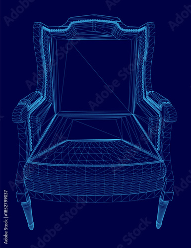 A vintage armchair with a luxurious curved back and ornate armrests stands out against a stark blue background. This detailed 3D model includes a wireframe view