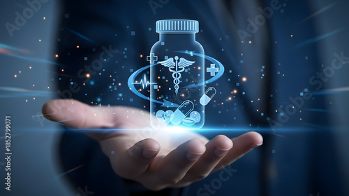 Innovative healthcare technology with glowing medical bottle