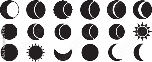 Black icons of moon phases and sun