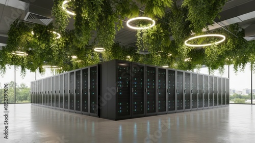 Futuristic Sustainable Green Data Center Concept with Black Servers, Polished Concrete Floor, and Hanging Plant Ceiling in 8K Photorealistic Style