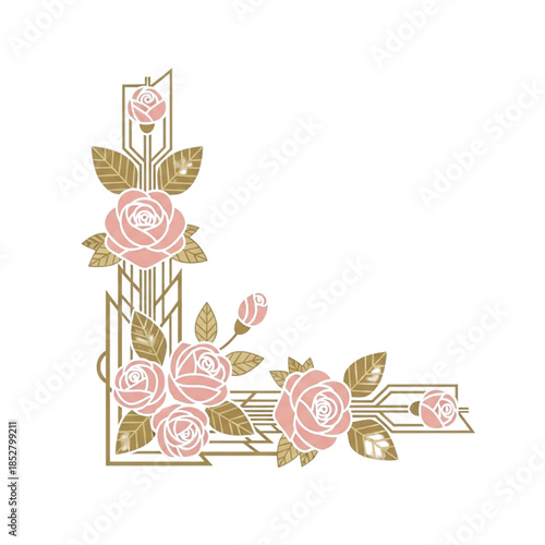 Art Deco Pink Rose Corner Frame Illustration - Gold Floral Border Vector Design for Invitations, Weddings, Logos, Clipart | Elegant Isolated Transparent Background