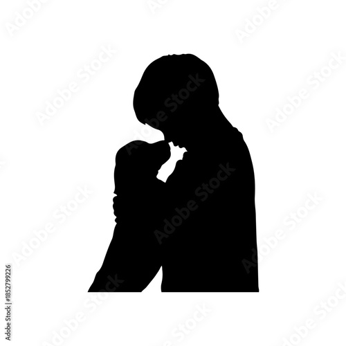 Person and pet affection silhouette isolated on transparent background