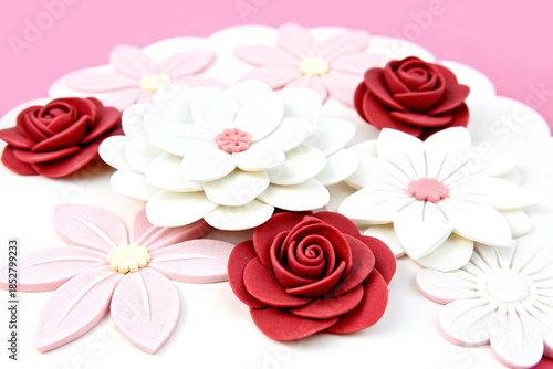 Decorative artificial flowers. Plasticine flower decoration. Abstract bouquet