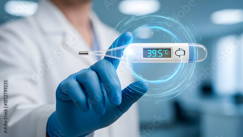 Doctor checking high temperature on digital thermometer