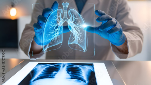Doctor examining lung scan with digital overlay in modern medical setting