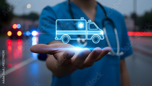 Medical professional with glowing ambulance icon on hand