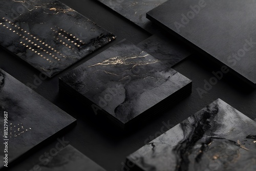 Several dark marble-like rectangular tiles lie arranged on a flat black surface.