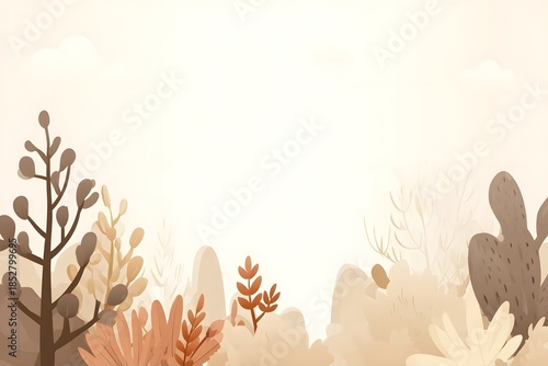 Softly colored autumn plants stand in a misty forest landscape.