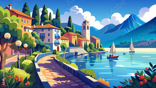 Very beautiful lakeside promenade along Lake Garda with calm blue water, mountain backdrop, and elegant town architecture, creating a refreshing and peaceful northern Italian landscape scene.