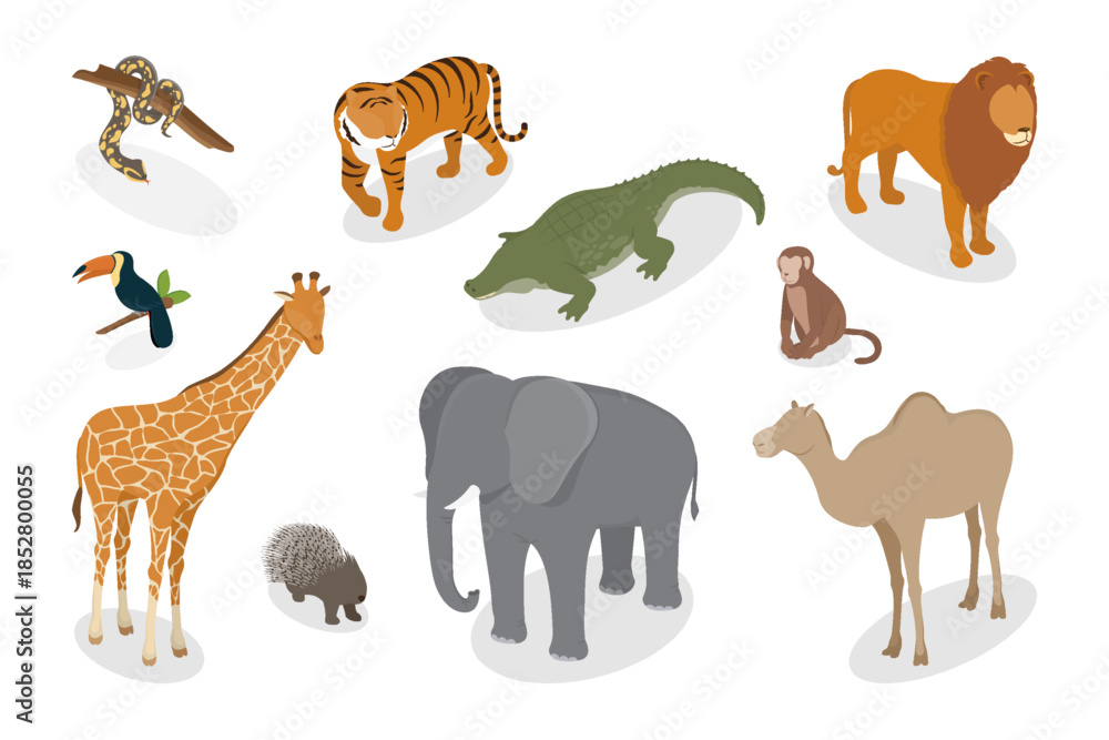 Obraz premium Wild tropical animals set. African giraffe, elephant, camel, snake, toucan, porcupine, tiger, lion, crocodile and monkey. Wildlife nature isolated characters zoo inhabitants. Flat isometric vector.