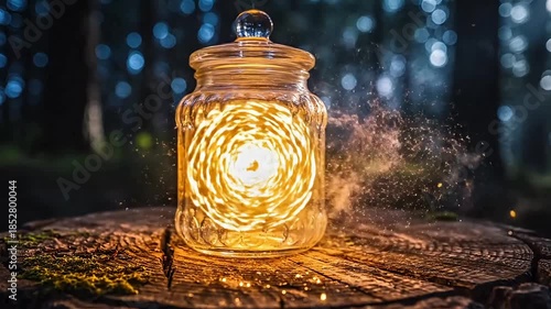 Capturing magical glowing fairy lights inside a glass jar resting on a dark forest tree stump