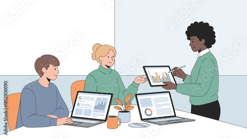 Team Collaboration Meeting Illustration with Diverse Coworkers Working on Laptops and Discussing Project Strategy in Modern Flat Style