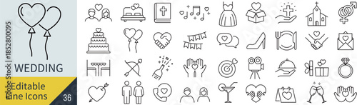 線の編集ができるウエディングに関するアイコンセット（アウトライン化していない）
