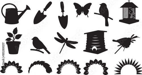 Garden nature and bird silhouette icons