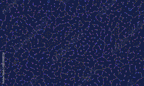 Abstract neural network vector background with intricate web of nodes and lines on dark blue. Scientific texture illustrating biology, synapses, and digital connectivity for high-tech data projects.
