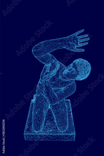 A 3D wireframe statue of a kneeling man, Ilioneus, pleads for mercy with outstretched arms against a solid blue background.