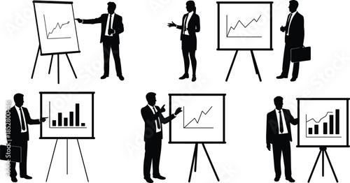 Business presentation silhouettes set, corporate managers explaining charts, financial growth graphs, teamwork meeting concept, office strategy, isolated white background illustration