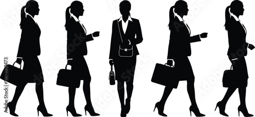 Business woman silhouette walking illustration, professional female office worker with briefcase, corporate career concept vector isolated white background