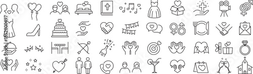 ベクターでモノクロのウエディングに関する線画アイコンセット
