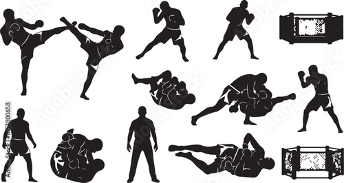 Mixed martial arts fighter silhouettes and cage