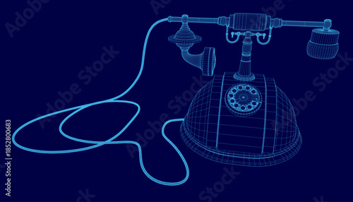 An old fashioned telephone sits on a solid blue background, its detailed wireframe overlay revealing the vintage device's internal structure.