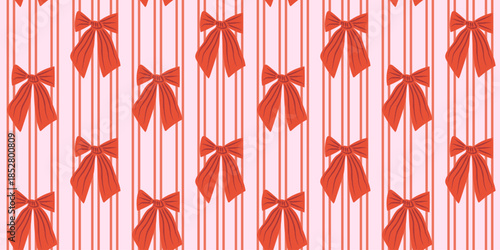 Seamless retro whimsical vertical stripe bow pattern. Coquette ribbon texture for Valentine, weddings, gift wrap, stationery, feminine and romantic packaging. Vector illustration with bows on stripes