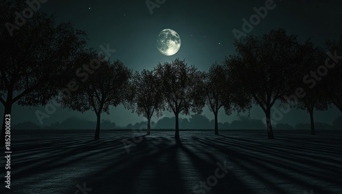 Wallpaper Mural Full Moon Casting Long Shadows from a Row of Trees on a Textured Ground at Night Torontodigital.ca