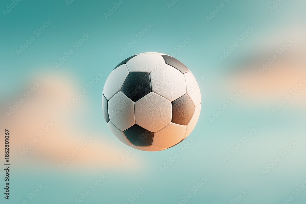 Fototapeta premium Classic black and white soccer ball floating in a vibrant blue sky with soft, blurred clouds. Perfect for sport, game, and athletic themes