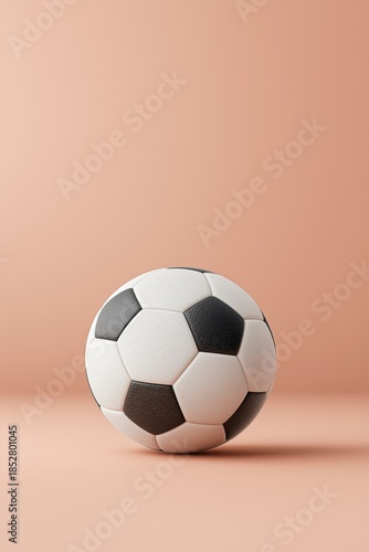 Classic black and white soccer ball on simple peach-colored background in studio setting. Minimalist sports equipment for game