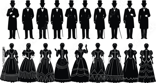 Victorian era men and women silhouettes illustration set, elegant gentlemen ladies fashion costumes, vintage society characters, black historical style art