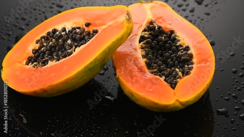 Papaya fruit on wet black background with water drops. Halved fresh organic Papaya exotic fruits close up. Slow motion, rotating 