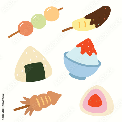 Japan traditional treats doodle vector collection set. Japanese snacks like onigiri, dango, shaved ice, mochi in cartoon style for poster, restaurant, design