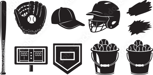 Baseball equipment icons set black silhouette