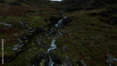 Snowdonia Highland Waterfall Creek FPV Aerial View