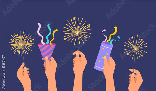 Hands holding firework, Firecracker explodes with ribbon explode for surprise, winner, new year party.