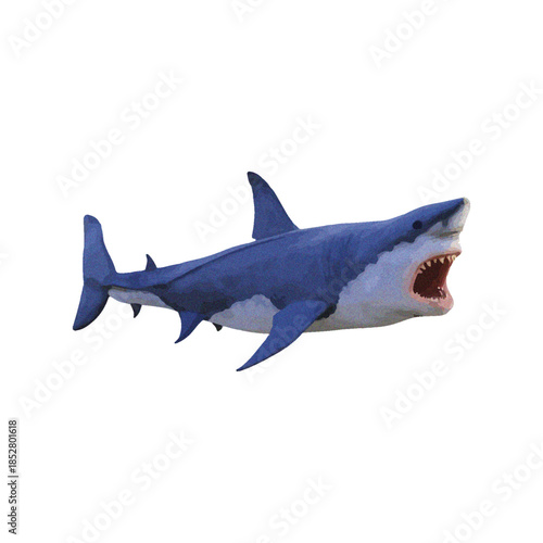 A blue shark swimming in the ocean with its mouth open, showcasing sharp teeth, from a side viewpoint.