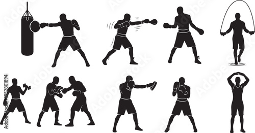 Boxing and fitness workout silhouette icons