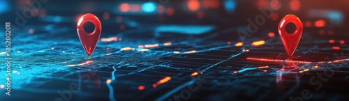 Wallpaper Mural Futuristic Digital Map with Glowing Routes and Two Location Pins for Global Navigation Torontodigital.ca