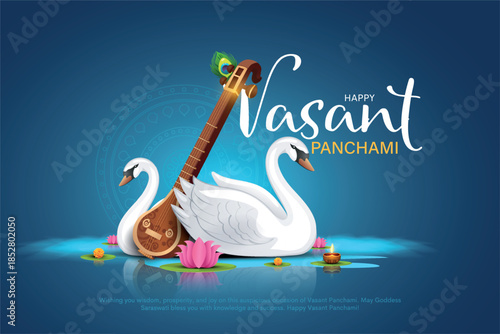 Vector illustration of happy Vasant Panchami puja of India. Creative design for banner, poster, card.
