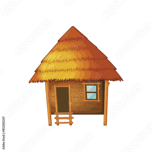 Rustic thatched hut illustration with a simple wooden door and window, evoking a natural and simple lifestyle
