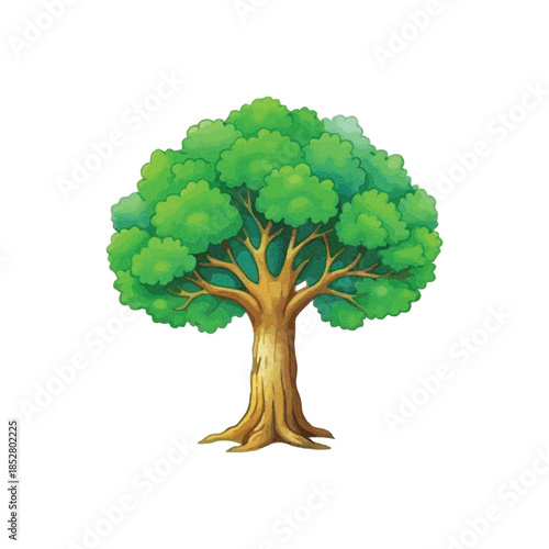 Vibrant Green Leafy Tree Illustration with Sturdy Brown Trunk on White Background