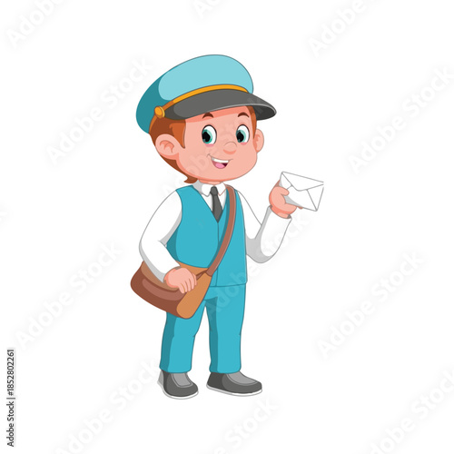 Charming illustration of a smiling postman in uniform carrying a letter and satchel