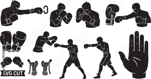 Boxing fighter silhouette icons set