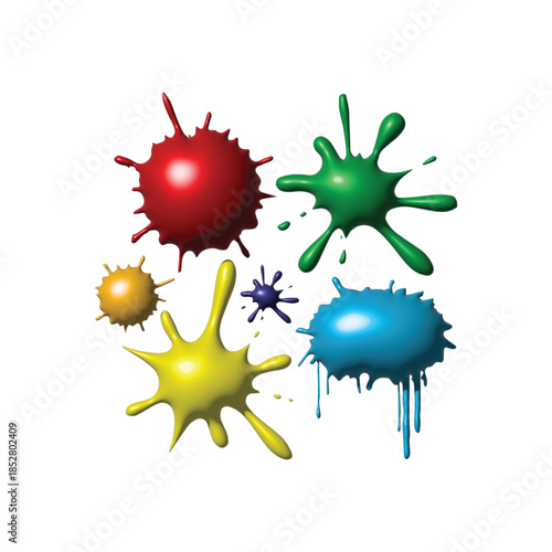 Dynamic abstract paint splatters, colorful liquid splashes, and creative art elements