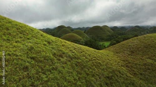 Aerial view of Chocolate hills - geological formation on Bohol island, Philippines, 4k