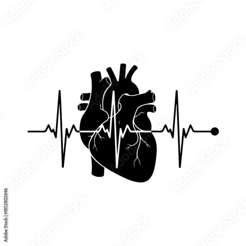 Heart and ekg line silhouette icon isolated on transparent background