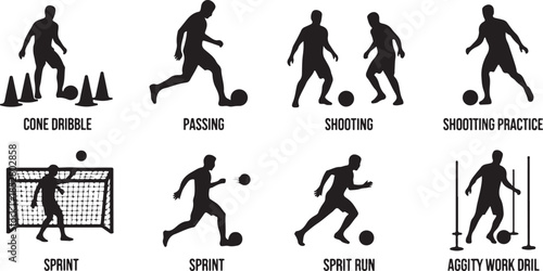 Soccer training drills silhouette icons set
